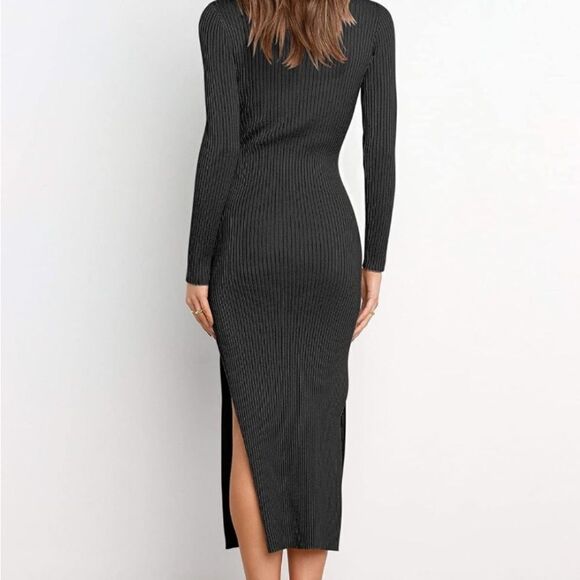 Sweater Dress Ribbed Knit Crewneck Belted Side Slits Long Sleeve Black Size M - Picture 5 of 11